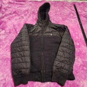 Polo‎ Ralph Lauren Jacket Men's Medium Black Quilted Hooded Nylon Cotton Blend